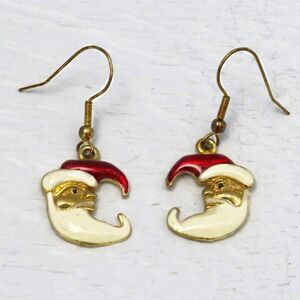 Santa Dangle Earrings With French Hooks and Gold Toned Background for Christmas